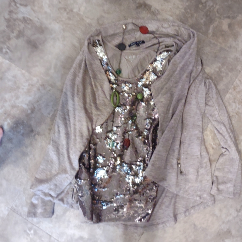 Loft sequenced tank top and cardigan and new necklace set